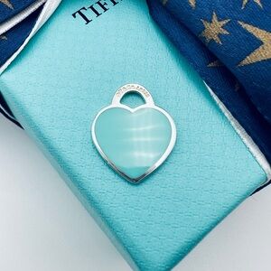 Tiffany & Co. Small Blue Enamel 925 Silver Heart Charm Pendant with Pouch